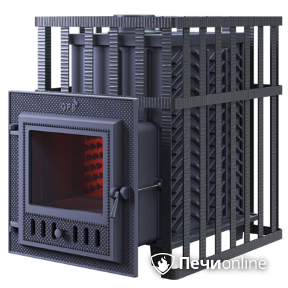 Дровяная банная печь Гефест ЗК в сетке-18 (М) чугунная дверца со стеклом, запатентованная каменка сетка в Пензе